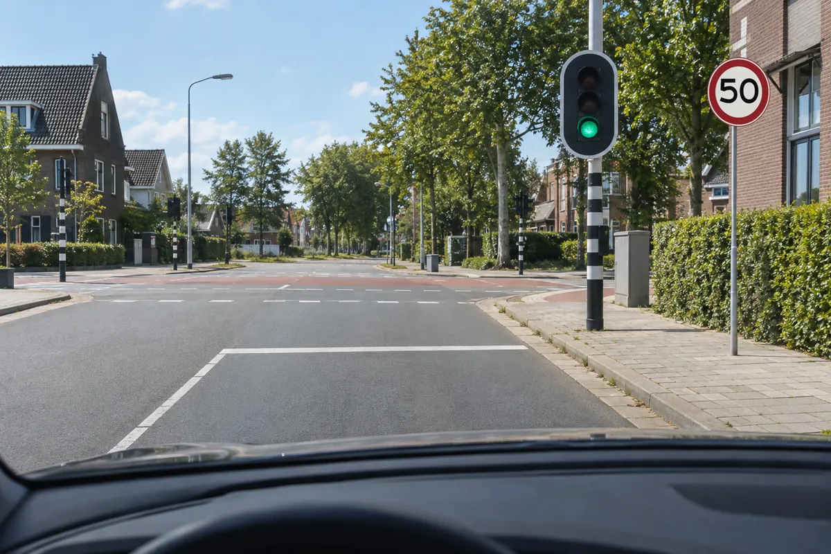 Voor je staan een groen verkeerslicht en het bord Maximumsnelheid met 50 km/h.