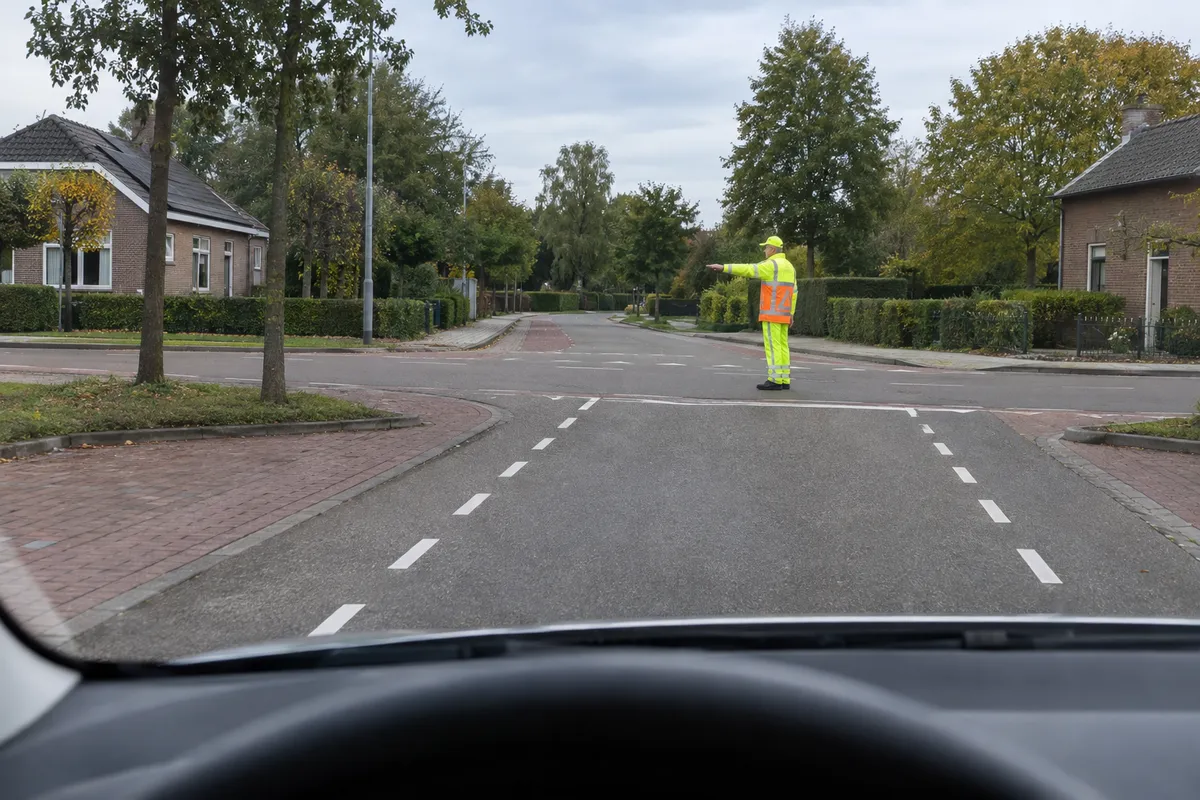 Je ziet een verkeersregelaar van opzij met één arm recht naar voren gestrekt.