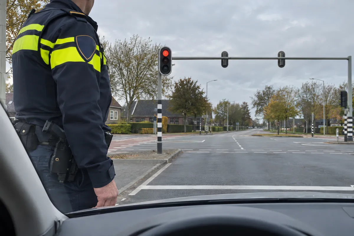 Een agent spreekt je aan terwijl je auto vóór de stopstreep bij een rood verkeerslicht staat.