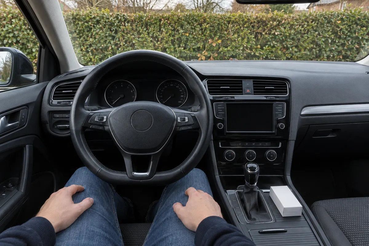 Vanuit de bestuurdersstoel van een geparkeerde auto zie je een gesloten medicijndoosje en je handen in rust.