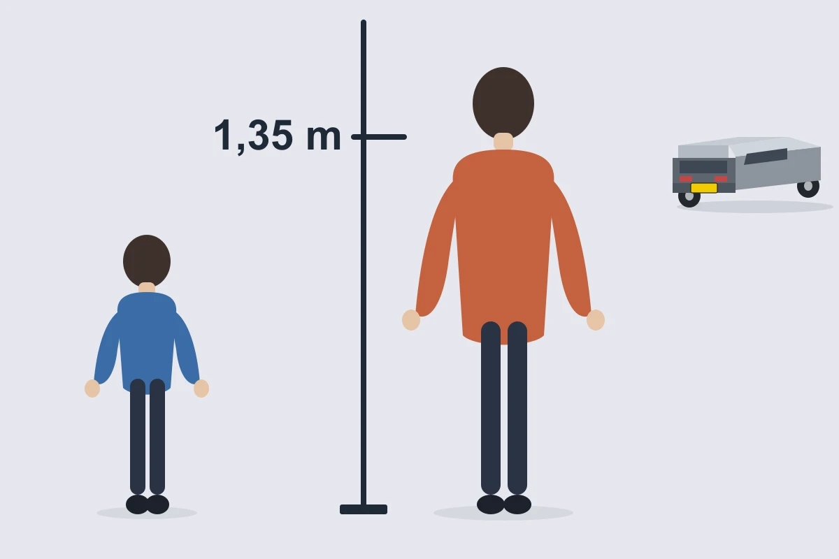 Twee gezichtsloze kinderen, een kleinere en een grotere, staan voor een meetlat met alleen het merkteken 1,35 m, en een auto staat op de achtergrond.