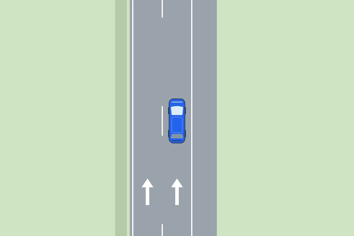 Een blauwe auto bevindt zich op de rechterrijstrook; rechts ervan ligt een lege vluchtstrook achter een doorgetrokken lijn.