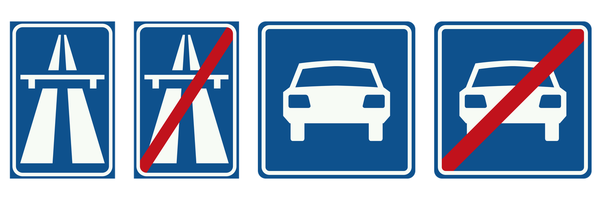 Van links naar rechts: Autosnelweg, Einde Autosnelweg, Autoweg en Einde autoweg