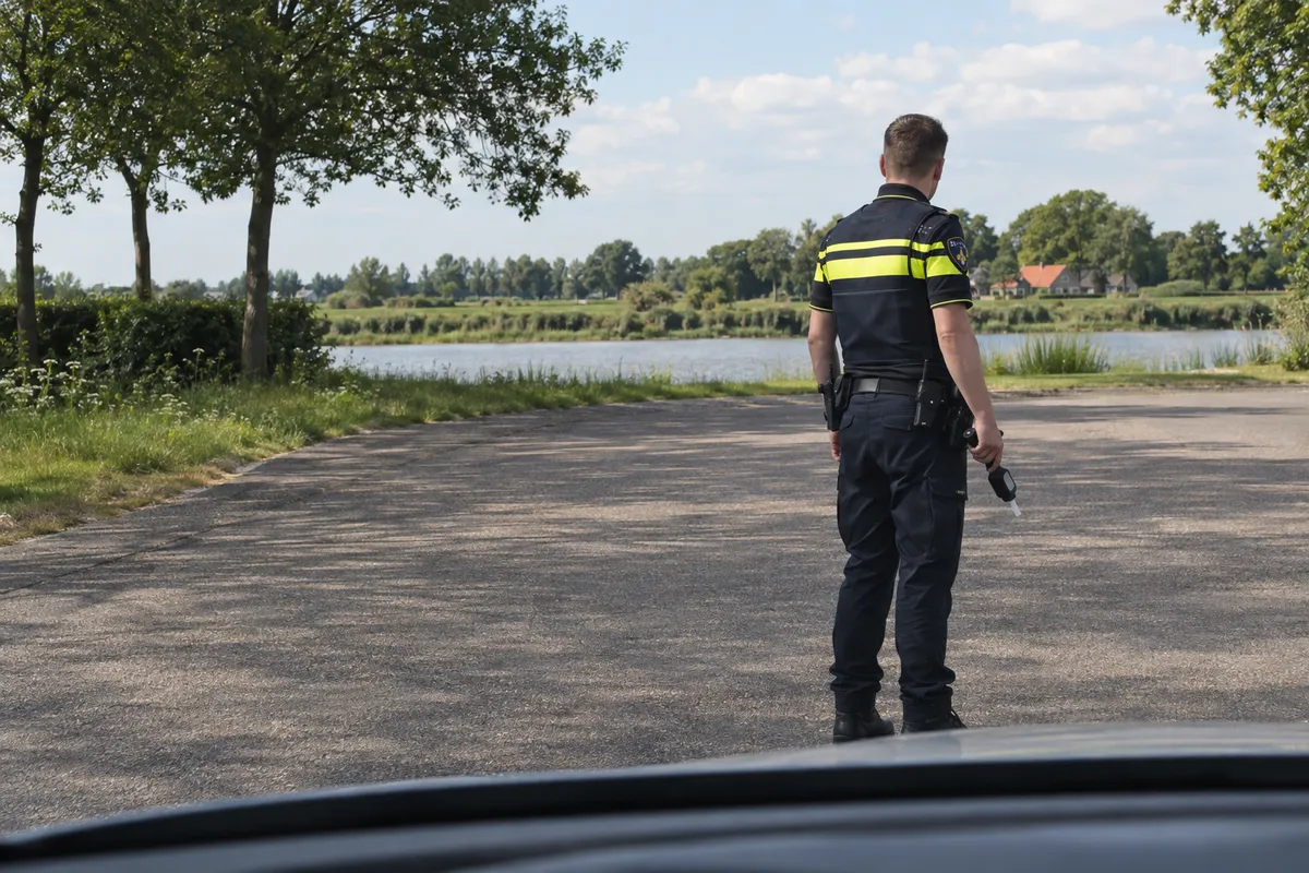 Vanuit een stilstaande auto zie je een politieagent op enige afstand met een ademtestapparaat in een neergelaten hand.
