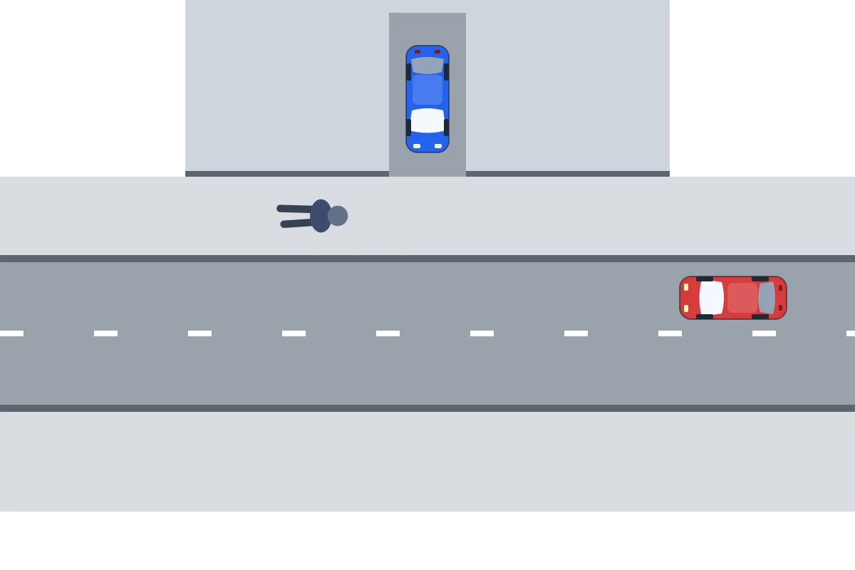 Schema van bovenaf: de auto staat nog op de oprit, vóór de doorlopende stoep. Een voetganger nadert over de stoep en een auto nadert op de rijbaan.