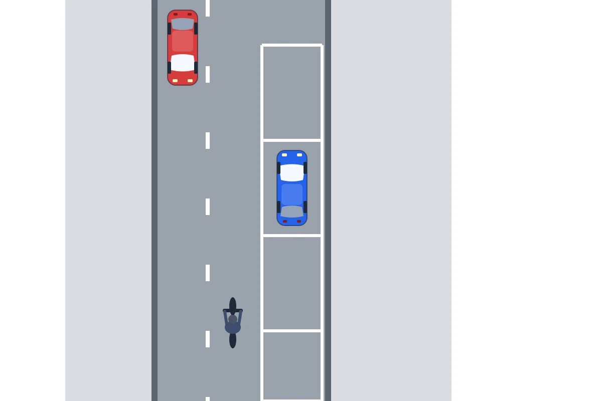 Schema van bovenaf: je auto staat nog in het parkeervak rechts, een fietser nadert van achteren en een tegenligger rijdt op de eigen weghelft.