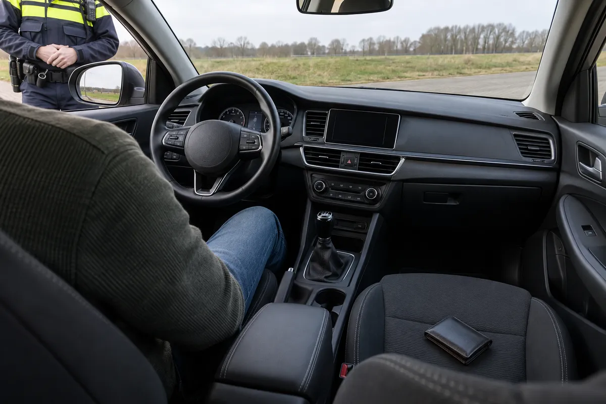 Een politieagent staat naast het open bestuurdersraam van een stilstaande auto, met een gesloten portemonnee op de passagiersstoel.
