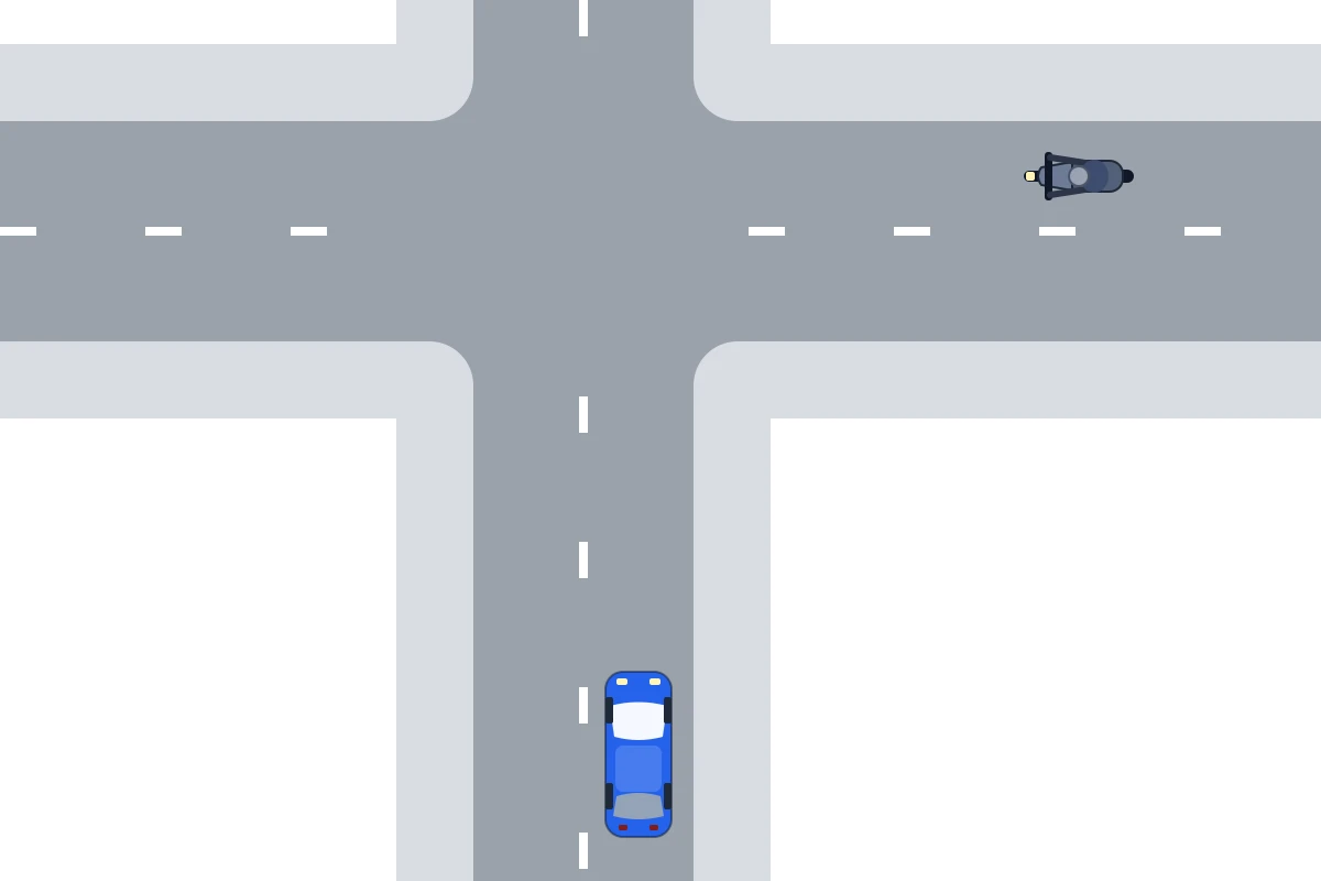 Je nadert het kruispunt tegelijk met een bromfietser uit de rechter zijstraat.