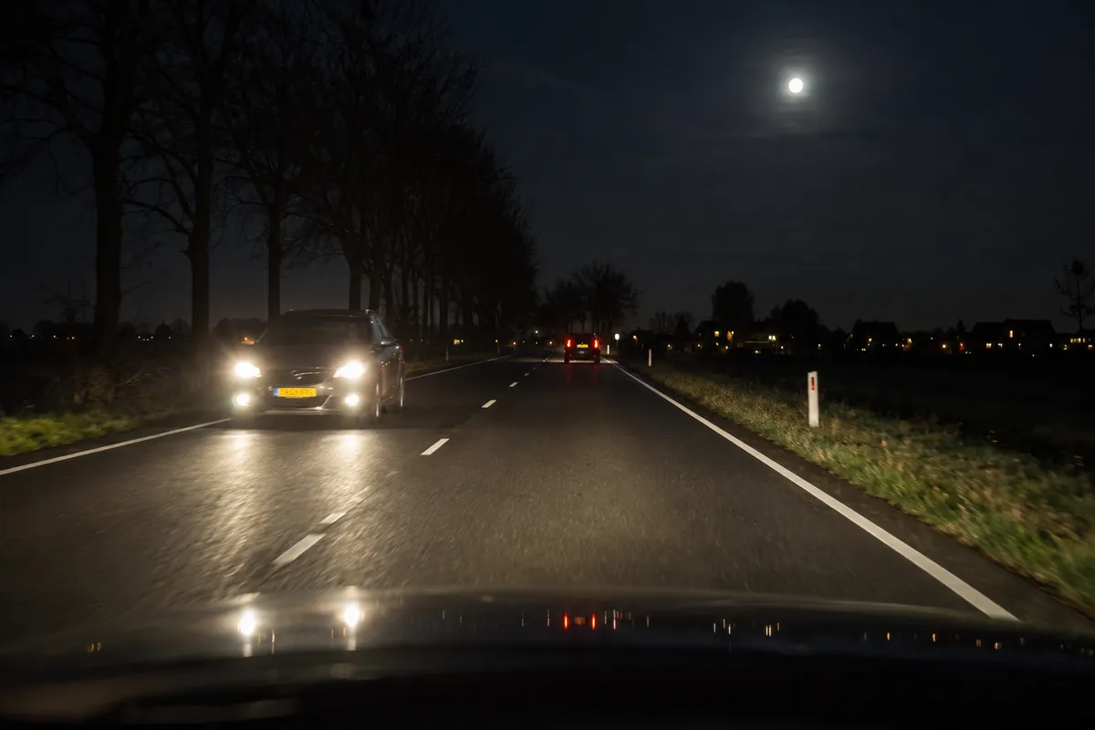 Een tegenligger nadert bij nacht, met een kantlijn en bermpaaltjes langs de rijbaan.