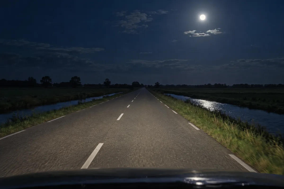 Een lege droge buitenweg bij nacht, met één rijstrook per richting en niemand op de weg.
