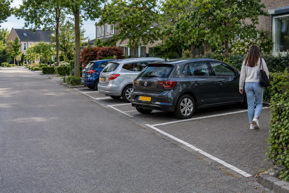 Een auto staat nog helemaal in een parkeervak terwijl er een voetganger achterlangs loopt.