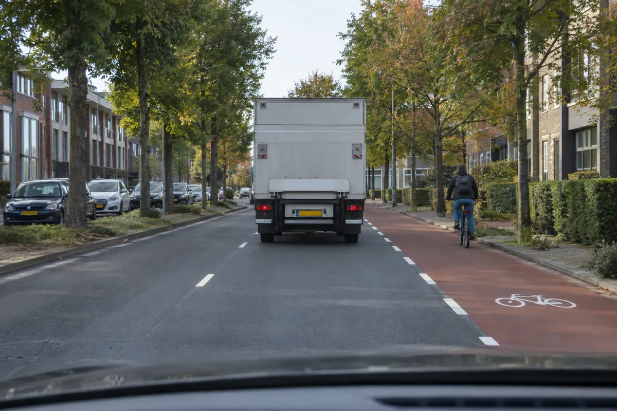 Vanuit een volgende auto zie je een vrachtwagen rechtuit rijden en een fietser rechts naast de cabine op een fietsstrook.