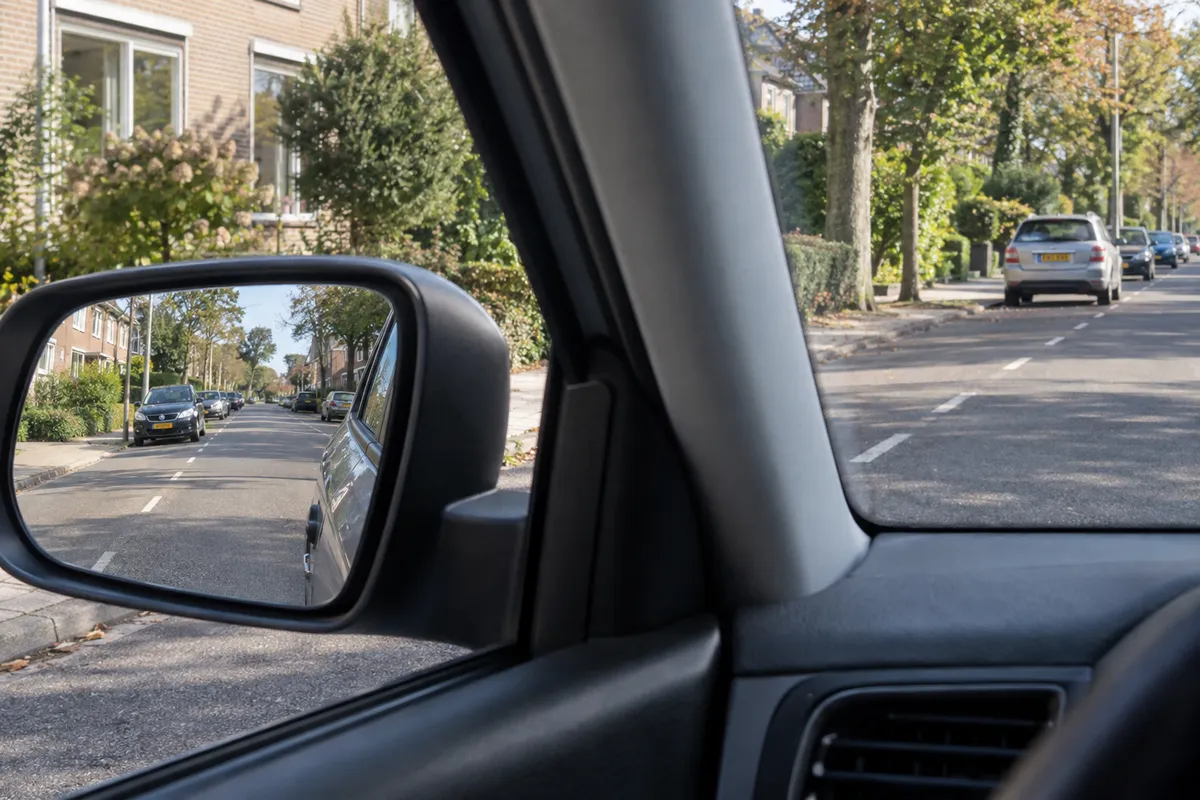 De linkerbuitenspiegel toont nog net de zijkant van de auto en verder de weg naast en achter de auto.