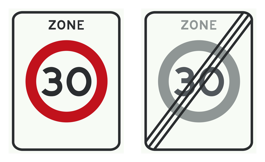Links het bord voor het begin van een 30 km/h-zone, rechts het bord voor het einde van die zone
