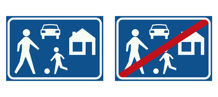 Links het officiële bord Erf, rechts het officiële bord Einde erf