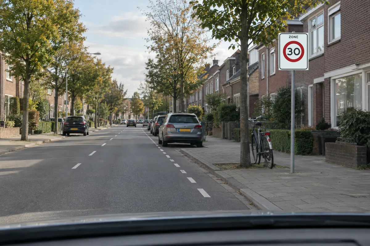 Zicht vanuit de auto op een woonstraat in de bebouwde kom, nog vóór het begin van een 30 km/h-zone, met het zonebord rechts.