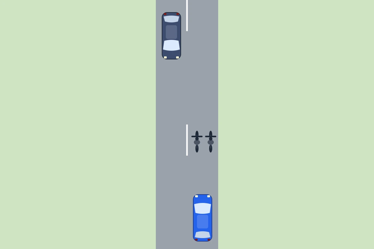 Schema van bovenaf: een blauwe auto nadert twee fietsers die naast elkaar rijden, en verderop komt een auto tegemoet.