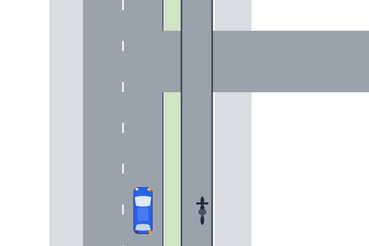 Schema van bovenaf: de blauwe auto rijdt nog rechtuit en rechts nadert een fietser op een fietspad dat langs de zijstraat blijft lopen.