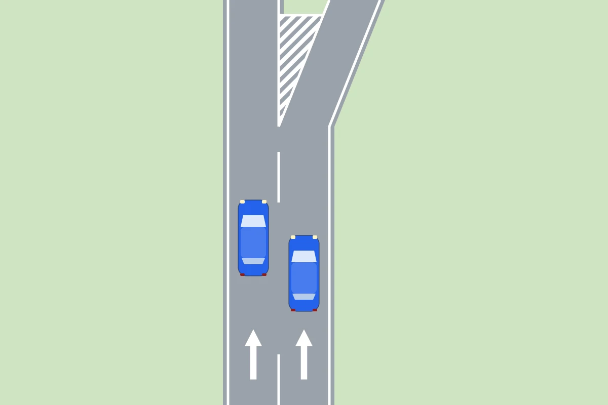 Schema van bovenaf: een weg die zich splitst in twee wegen, met op de plek van de splitsing een vlak met schuine witte strepen