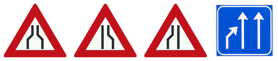 Vier verkeersborden naast elkaar: Rijbaanversmalling, Rijbaanversmalling rechts, Rijbaanversmalling links en Einde rijstrook