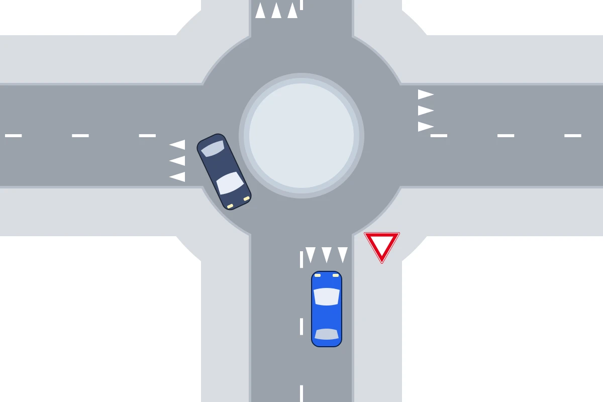Schema van bovenaf van de toegang tot een rotonde met het bord Verleen voorrang, haaientanden op het wegdek en een auto op de rotonde