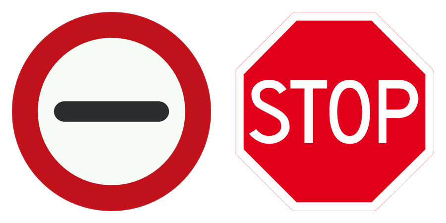 Officiële borden: rond bord met rode rand en zwarte balk (Stop) en achthoekig bord Stop; verleen voorrang aan bestuurders op de kruisende weg