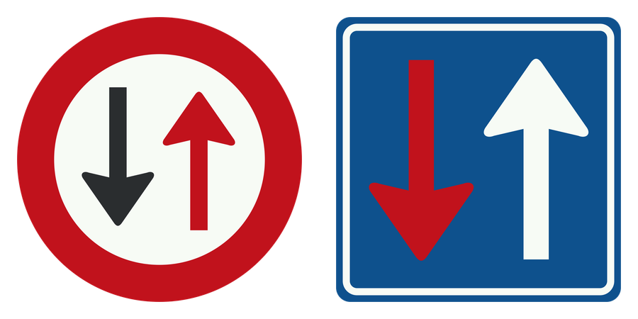 Officiële borden met tegengestelde pijlen: rond met rode rand en blauw vierkant
