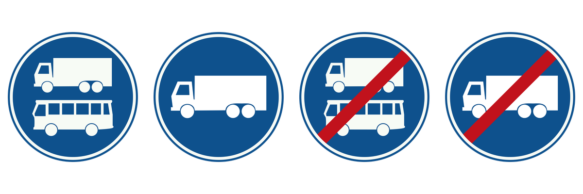 Officiële borden voor vrachtauto's en lijnbussen, alleen vrachtauto's en hun bijbehorende eindeborden