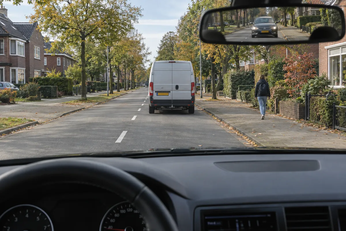 Vanuit de bestuurdersplaats zie je een bestelauto voor je, een voetganger op het rechtertrottoir en een auto in de binnenspiegel.