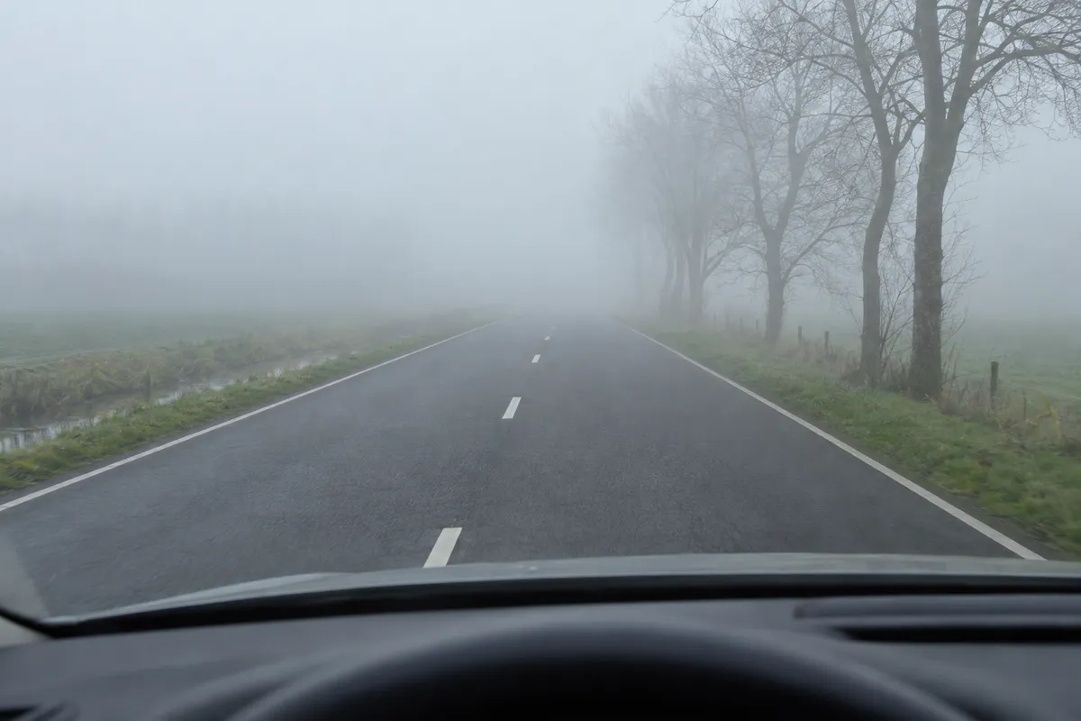 Vanuit de auto zie je een weg die verderop geleidelijk in de mist verdwijnt.