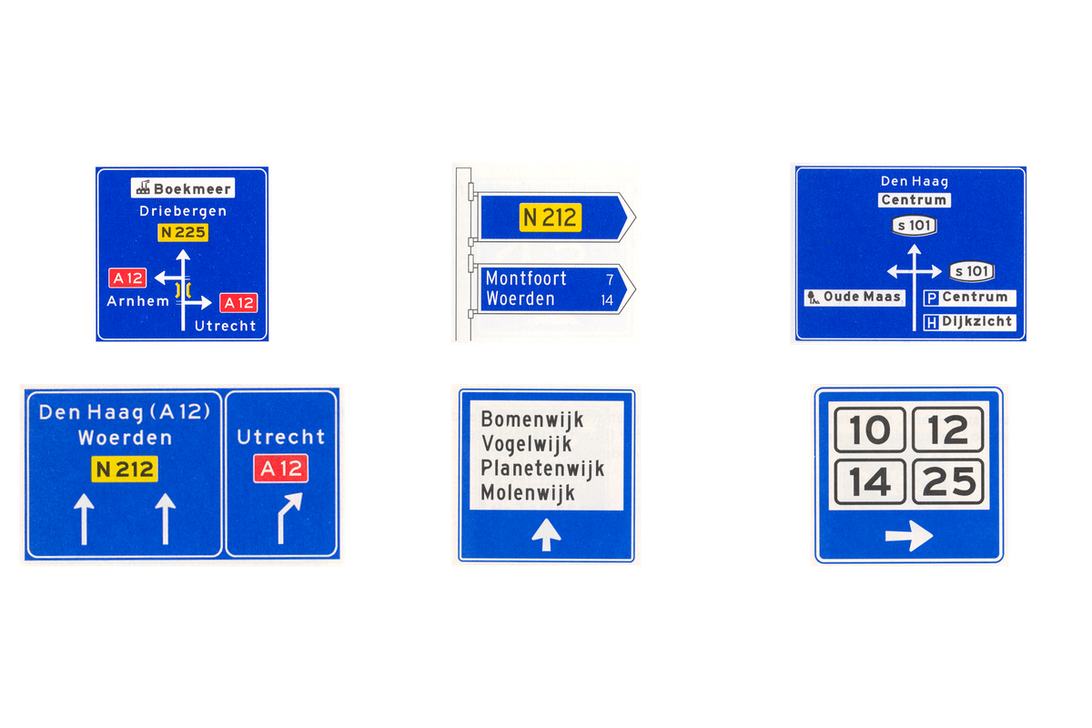 Zes wegwijzers buiten de autosnelweg en binnen de bebouwde kom