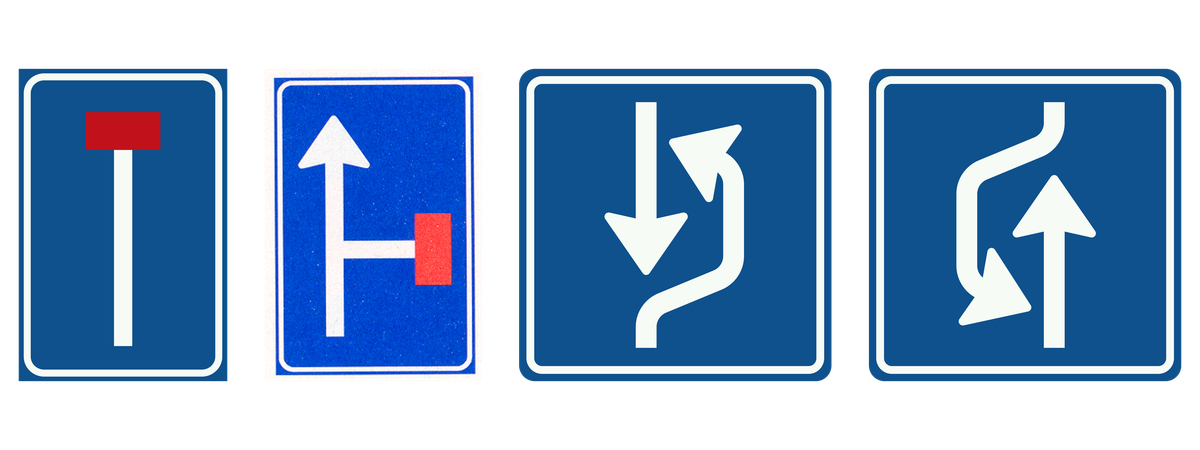 Doodlopende weg, vooraanduiding en uitwijkplaatsen rechts en links