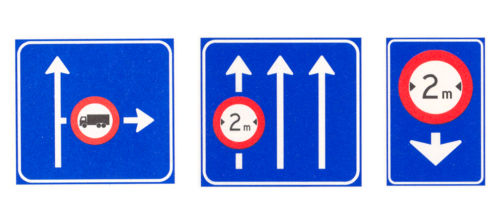 Vooraanduiding van een verkeersmaatregel en aanduidingen van de rijstroken waarvoor een bord geldt
