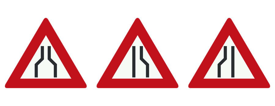 Waarschuwingen voor een rijbaanversmalling aan beide kanten, rechts en links