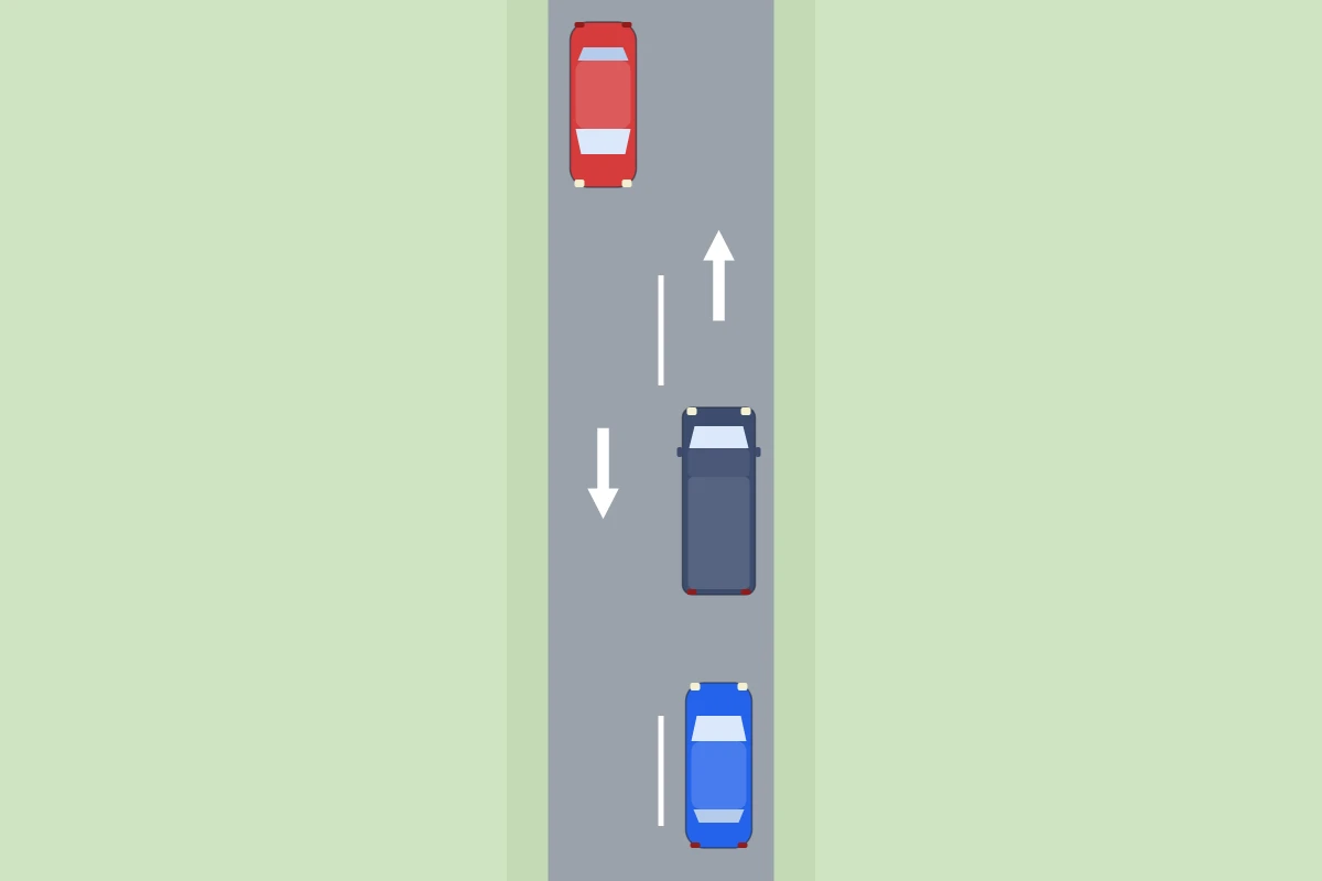 Schema van bovenaf: een blauwe auto achter een grijze bestelauto op een weg met verkeer in twee richtingen, en verderop een rode auto die hen tegemoetkomt