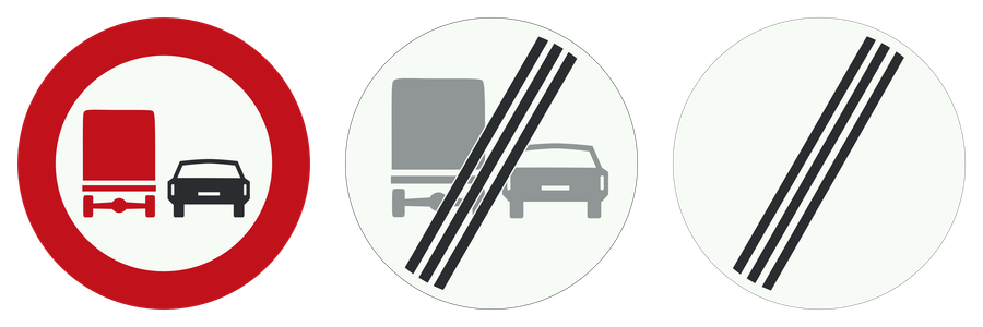 Drie verkeersborden naast elkaar: Verbod voor vrachtauto's om motorvoertuigen in te halen, Einde verbod voor vrachtauto's om motorvoertuigen in te halen en Einde van alle door verkeersborden aangegeven verboden