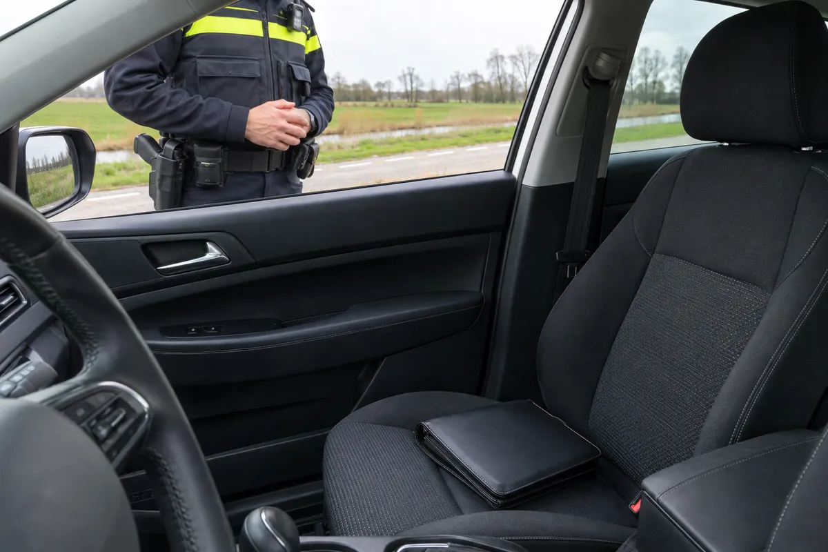 Bij een politiecontrole staat een agent naast het bestuurdersraam; op de passagiersstoel ligt een gesloten mapje.