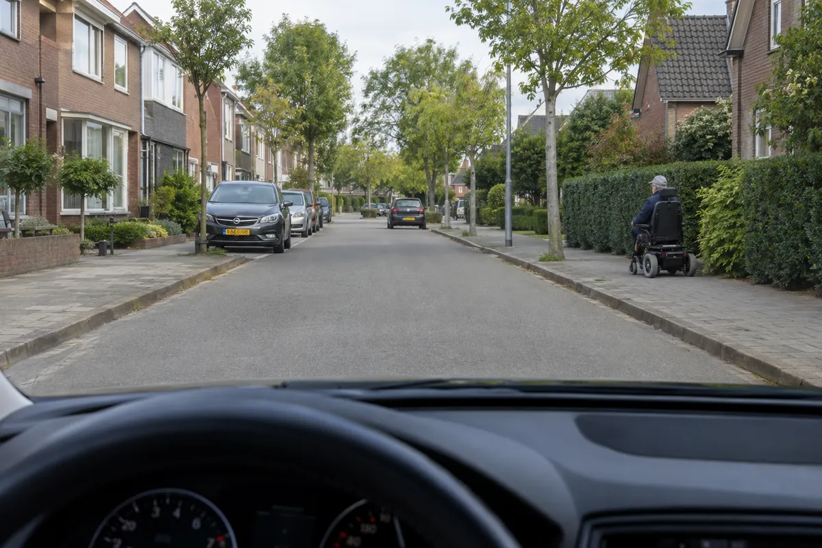 Een elektrische rolstoel staat op het rechtertrottoir, gericht naar het trottoir aan de overkant.
