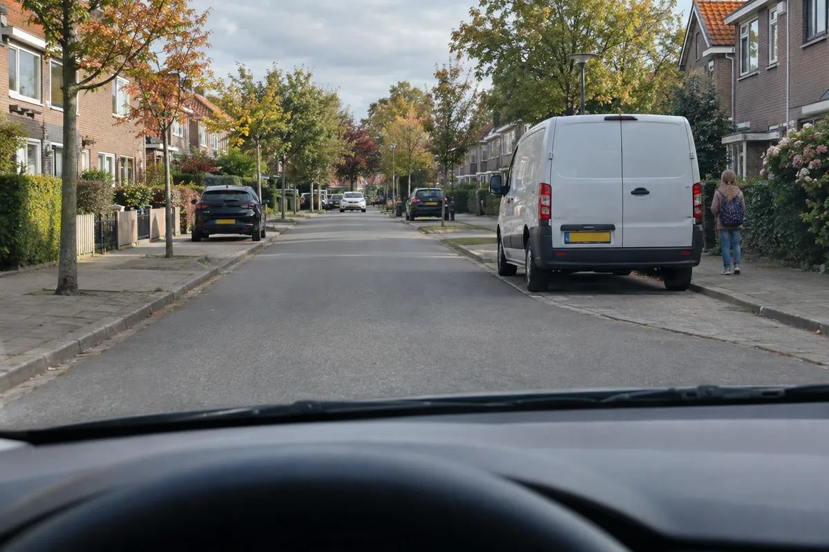 Een bestelauto beperkt het zicht op het trottoir; naast de bestelauto staat een kind.