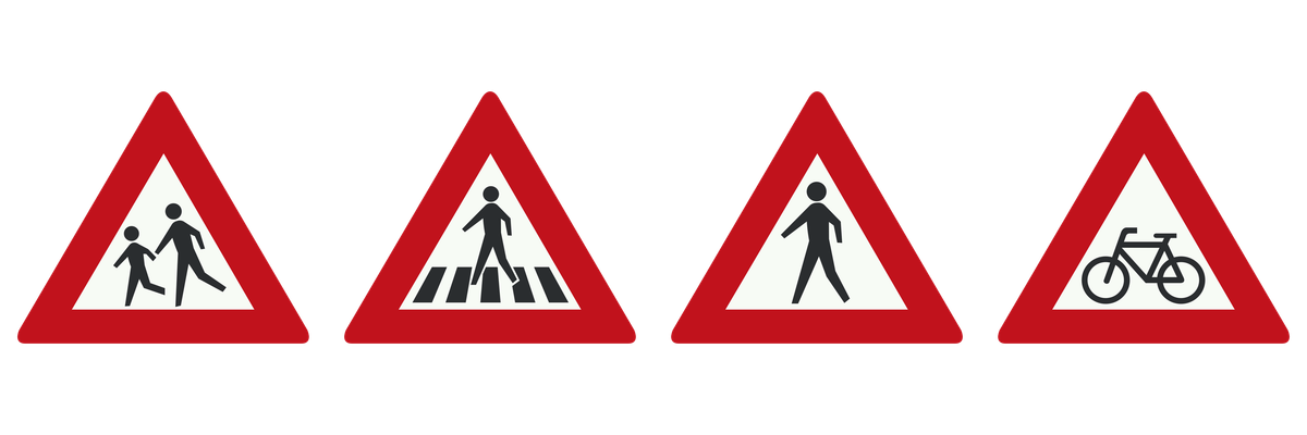 Van links naar rechts: Kinderen, Voetgangersoversteekplaats, Voetgangers, Fietsers en bromfietsers