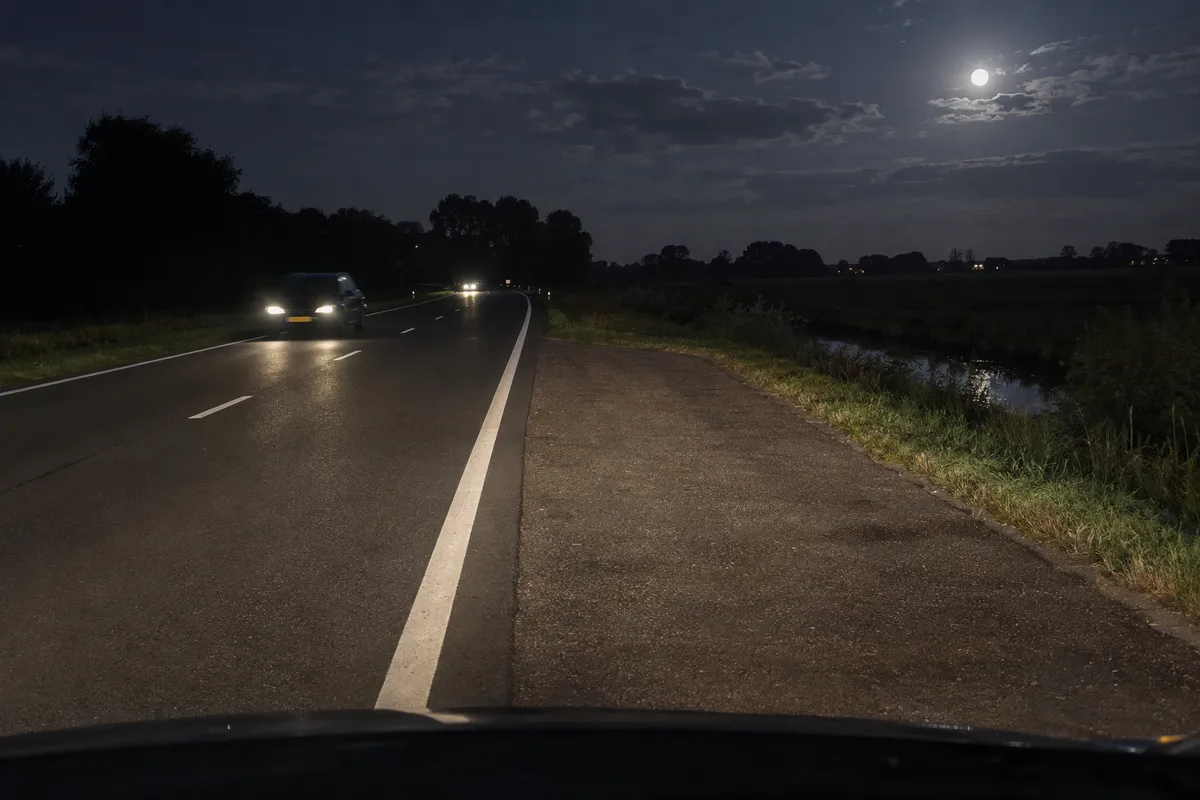 Door pech sta je 's nachts stil in een vluchthaven langs een autoweg buiten de bebouwde kom.