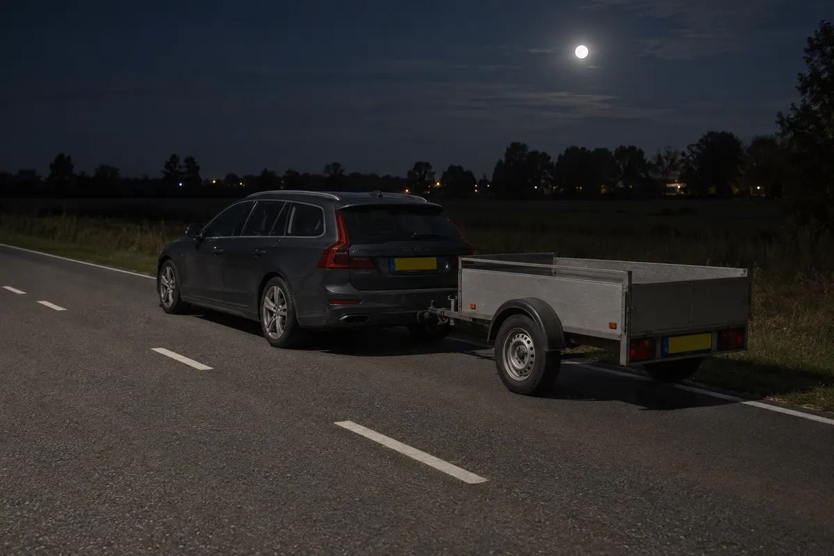 Je auto met aanhanger staat 's nachts stil buiten de bebouwde kom, nog voor de controle van de verlichting.