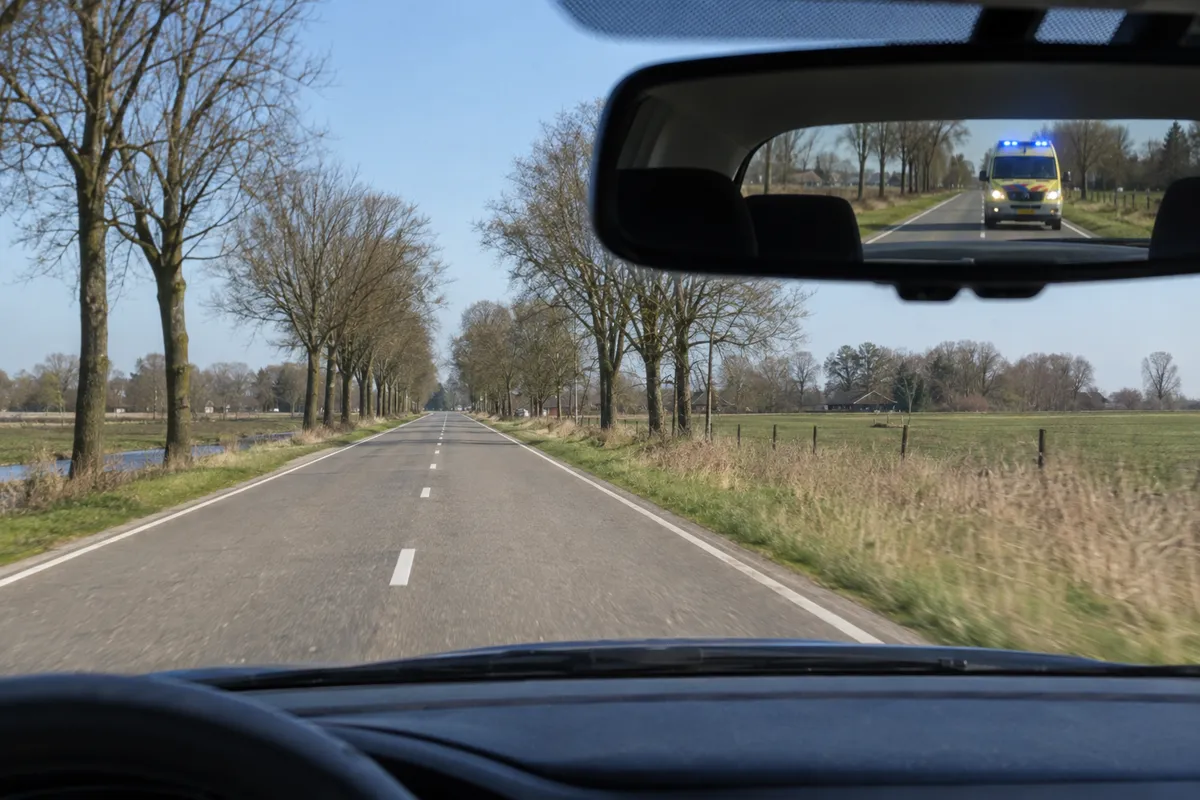 Een ambulance met blauw licht nadert achter je. Op een foto hoor je de hoorn niet.