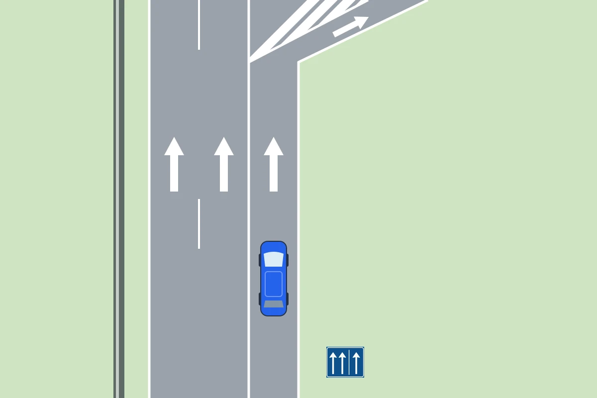De blauwe auto volgt de open spitsstrook en is nog vóór het vlak met schuine strepen bij de splitsing.