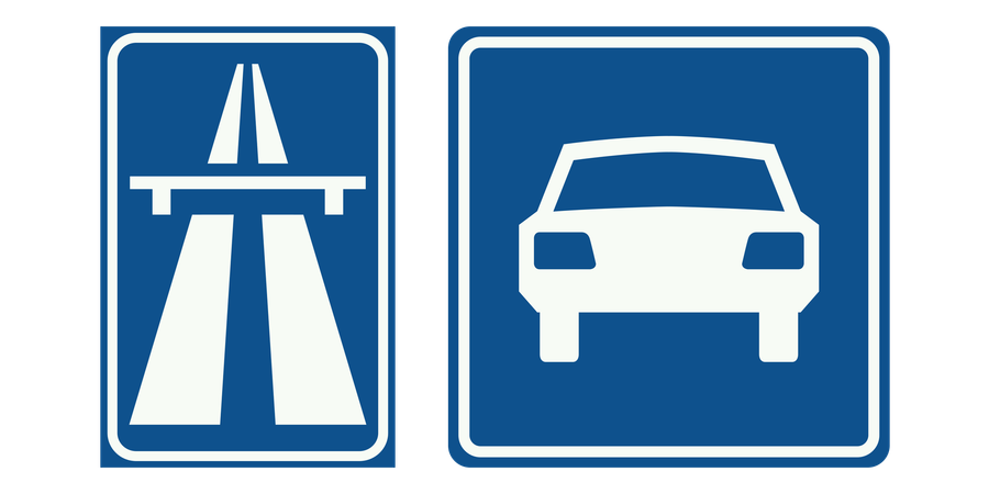 Twee verkeersborden naast elkaar: Autosnelweg en Autoweg