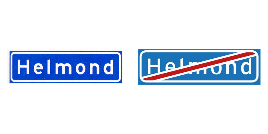 Twee verkeersborden naast elkaar: Bebouwde kom en Einde bebouwde kom