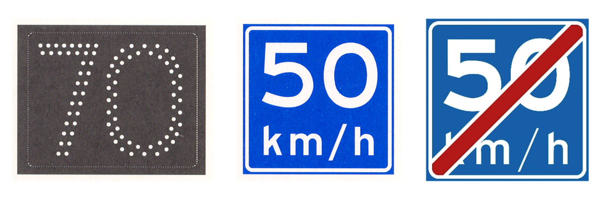 Drie verkeersborden naast elkaar: Maximumsnelheid op een electronisch signaleringsbord, Adviessnelheid en Einde adviessnelheid