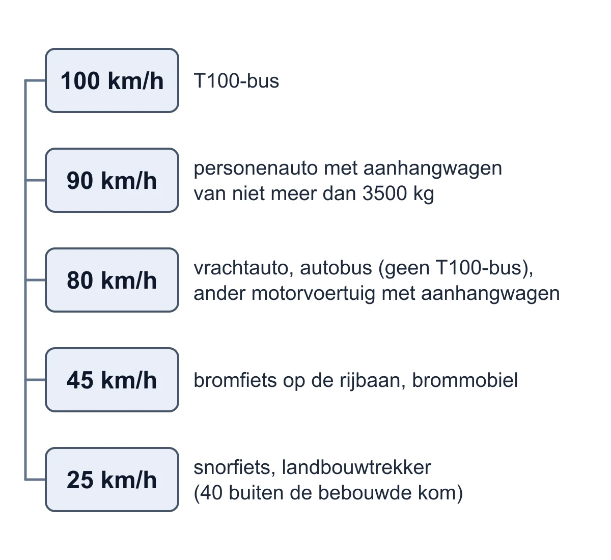 Een ladder met vijf treden: 25 km/h, 45 km/h, 80 km/h, 90 km/h en 100 km/h, met bij elke trede de voertuigen waarvoor die eigen limiet geldt
