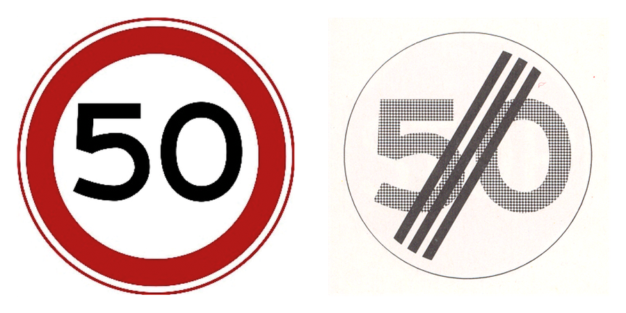 Twee verkeersborden naast elkaar: Maximumsnelheid en Einde maximumsnelheid