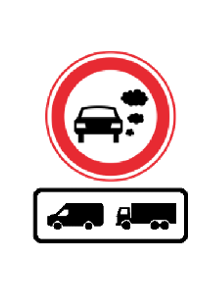 Officieel bord gesloten vanwege emissie-eisen met daaronder het onderbord voor een nul-emissiezone voor bedrijfsauto's en vrachtauto's